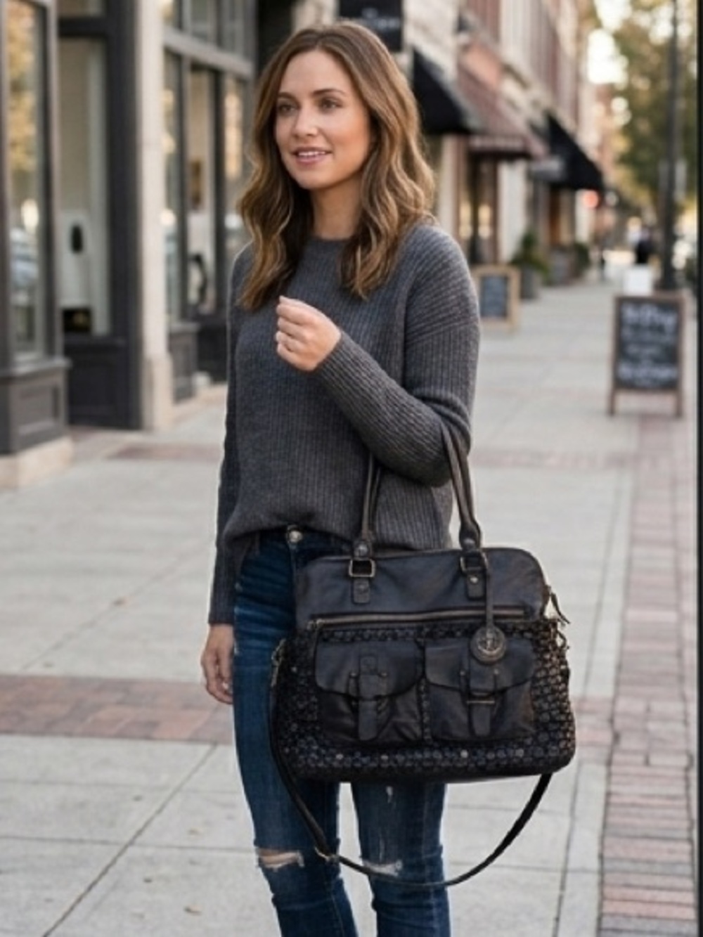 Harbour 2nd Black Woven Leather Tote Bag | Distressed Boho Moto Utility Carryall